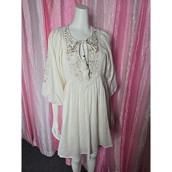 Anthropologie Mahalia Bohemian Floral Embroidered Cream Mini Dress Size Small - Picture 13 of 16